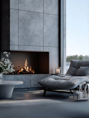 Obraz premium Modern fireplace luxury interior gray wall cozy lounge chair minimalist decor large window natural light peaceful atmosphere