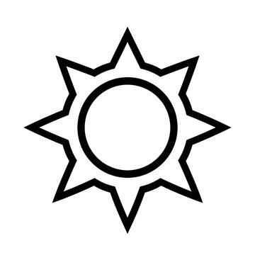 A minimalist black line art illustration of a stylized sun with pointed rays on a white background.