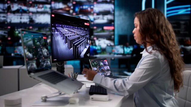 Security Guard Monitoring Surveillance Cameras While Using Laptop