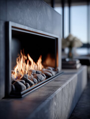 Obraz premium Modern fireplace with stone surround, warm flame, luxury interior, contemporary design, cozy atmosphere, elegant living room