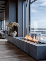 Obraz premium Modern fireplace luxury interior panoramic window city view minimalist design cozy atmosphere elegant decor wooden floor flower vase contemporary