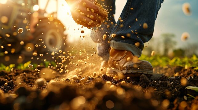 Close-up of farmer's hands scattering seeds into rich soil during planting season, with a tractor and sunlit field in the background