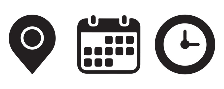 Minimalist map location pointer calendar grid and analog clock face icons for mobile app interface.