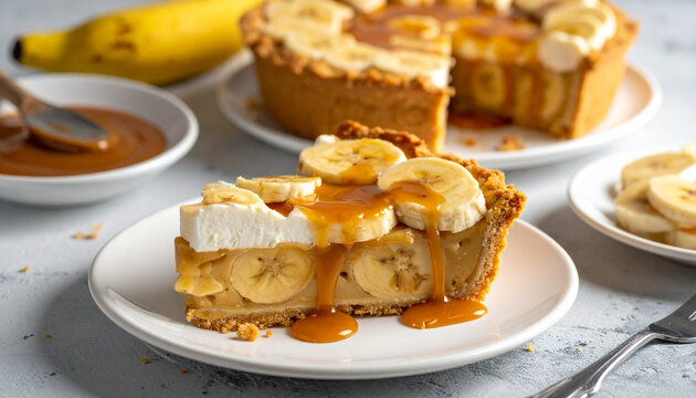 Creamy Banana Pie Slice with Rich Caramel Toffee Drizzle