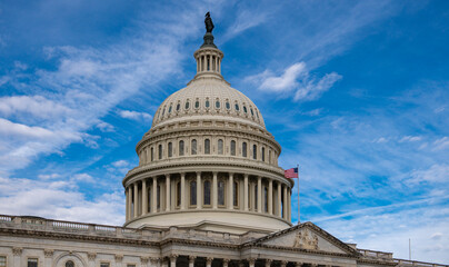 Obraz premium America Capitol dome skyline Washington DC clouds. America patriotic Capitol democracy freedom. America Vote elections governance. America historic landmark.