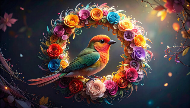Colorful bird perched in a floral wreath against a dark background