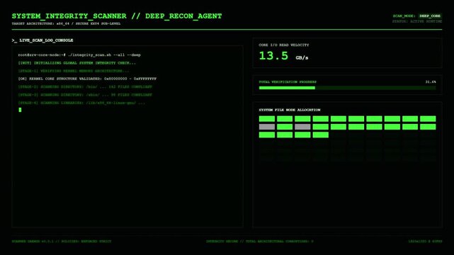 System Integrity Scanner Deep Recon Agent Kernel Memory Architecture SHA256 File Node Allocation Terminal Animation.
