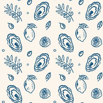 Mediterranean chalk and charcoal vector seamless pattern with oysters, lemons and olive branches in hand drawn ink style