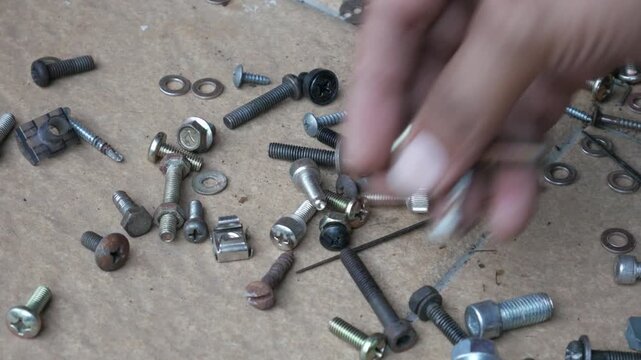 Hand Releasing Mixed Screws, Bolts and Nuts onto Floor