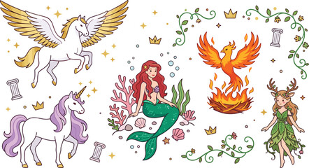Mythical Creatures Vector Set Featuring Pegasus Unicorn Mermaid Phoenix and Forest Nymph for Children Fantasy Storybook and Game Design Projects
