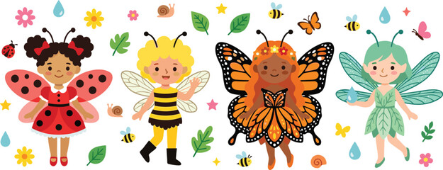 Obraz premium Cute Garden Pixie Costumes Set Featuring Ladybug Bee Butterfly and Water Fairy Characters for Children Fantasy Storybook Vector Illustration