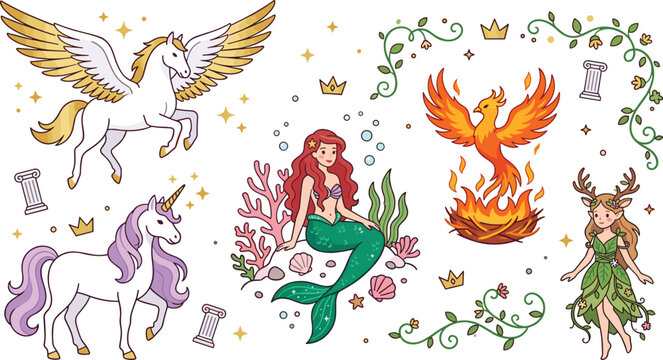 Mythical Creatures Vector Set Featuring Pegasus Unicorn Mermaid Phoenix and Forest Nymph for Children Fantasy Storybook and Game Design Projects