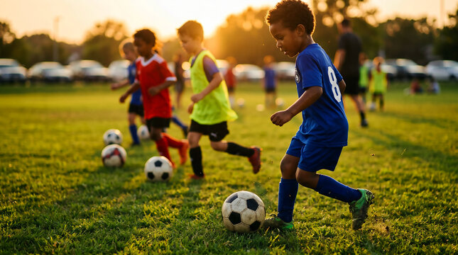 Young boys playing soccer on a grassy field during sunset, practicing drills and enjoying the game