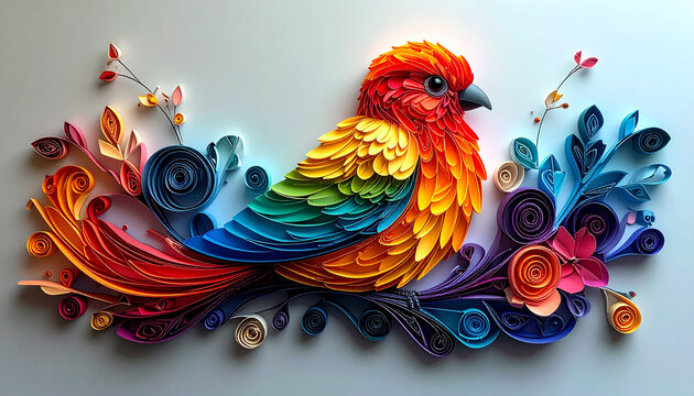 Colorful paper art bird illustration with vibrant rainbow plumage and intricate details