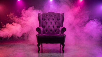 Luxurious velvet armchair bathed in dramatic pink and purple stage lighting with smoke effects