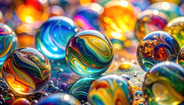A close-up view of colorful, swirling glass marbles.