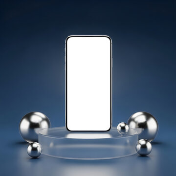 Sleek smartphone on a futuristic metallic stand with spherical supports