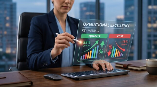 Professional woman analyzing operational excellence key metrics on virtual screen, quality improvement and cost reduction business strategy concept