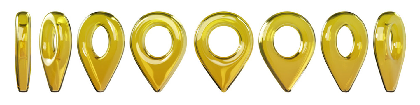 Glossy yellow 3D map location pin icons in different views. Transparent glass or plastic navigation markers isolated on background for GPS, map, travel and UI design. 3d render.
