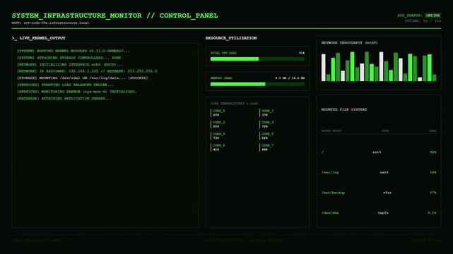 System Infrastructure Monitor Control Panel Live Kernel CPU Memory Core Temperature Filesystem Dashboard Animation.
