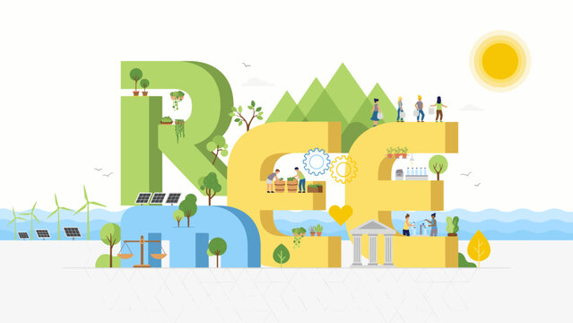 A vibrant eco-friendly illustration featuring people practicing sustainable living and zero waste habits to protect our planet