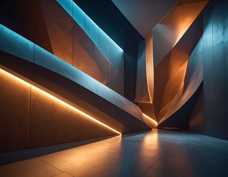 A futuristic interior with geometric shapes and warm lighting