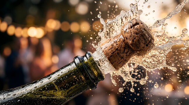 Close up of sparkling wine bottle exploding at party