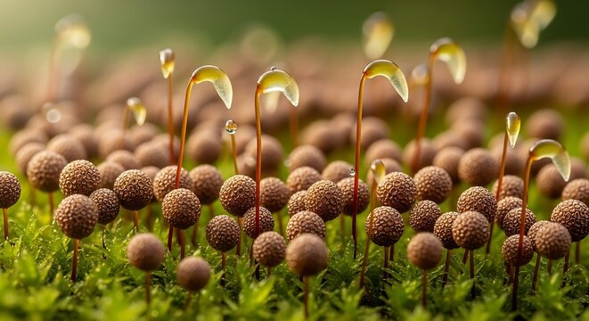 Macro view of moss capsules with water droplets in forest capsules sporophytes