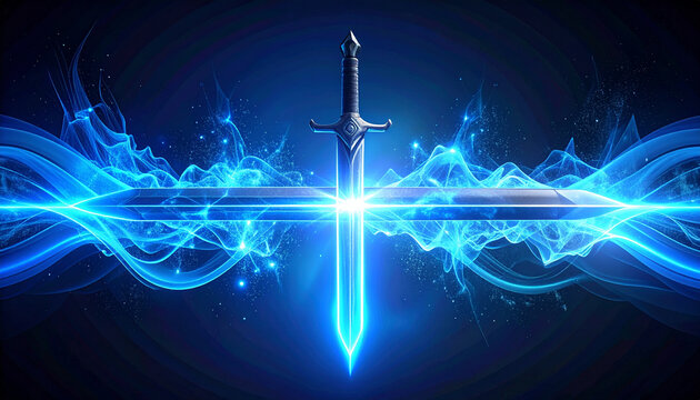 Fantasy sword illustration against abstract blue energy background