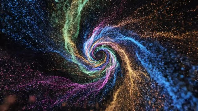 A vibrant swirling vortex of colorful particles against a dark background