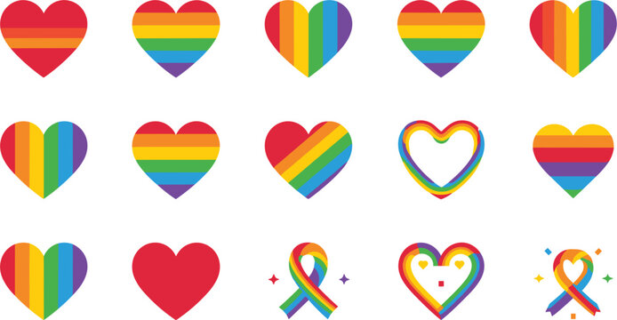 Rainbow Pride Heart Icons Set with LGBT Awareness Ribbon Symbols for Pride Month Celebration Graphics and Diverse Non Binary Event Designs