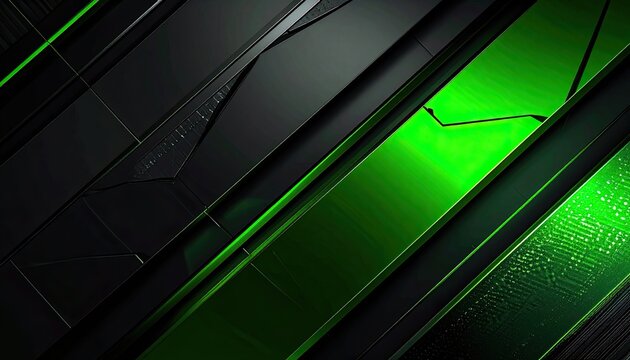 Abstract geometric pattern with black and bright green metallic surfaces.