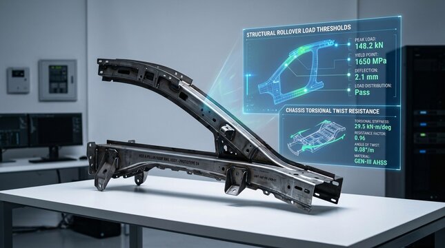 Automotive suspension subframe crossmember assembly with a floating blue 3D component layout matrix