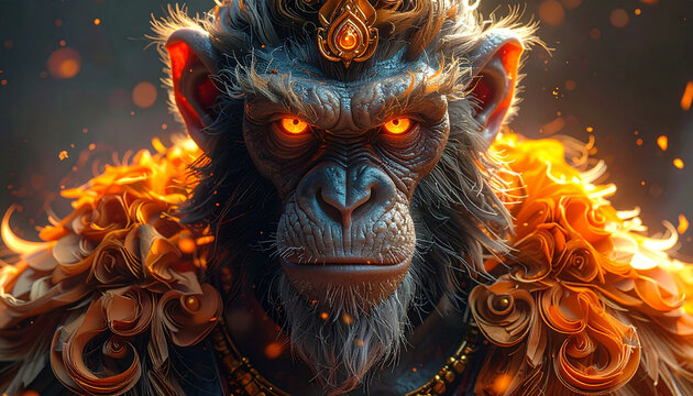 Fiery monkey king portrait with ornate headdress and glowing eyes