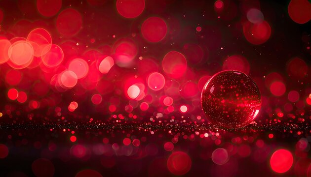A single red glass orb floats among a sea of glowing red bokeh lights and sparkling dust.