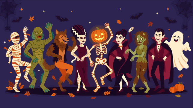 Classic Halloween Monsters Dancing Together: Mummy, Creature, Werewolf, Bride, Pumpkin Skeleton, Vampire, Zombie, Ghost, Festive Autumn Night Scene