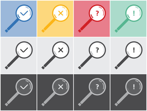 Colorful and monochrome magnifying glass icons with status symbols