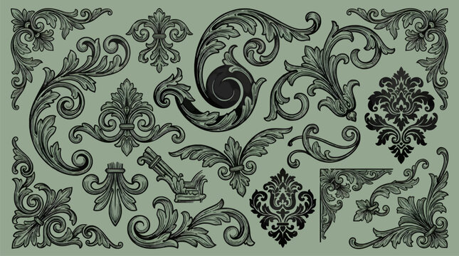 Ornate Black Damask Swirls and Flourishes Vector Set, Vintage Filigree Ornaments and Corner Decorations, Decorative Scrollwork Elements on Pale Green Background