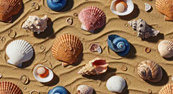 Colorful seashells on sandy beach.