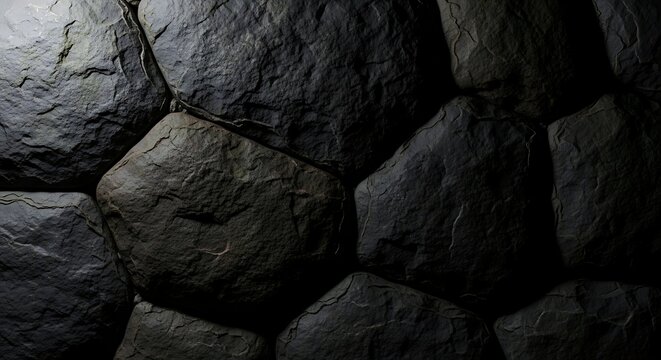 Dark basalt stone wall texture with hexagonal block patterns, hexagonal