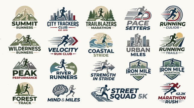 Collection of 16 Stylized Vector Logos for Running Clubs and Marathons, Featuring Runners, Mountains, Cities, Forests, and Waves