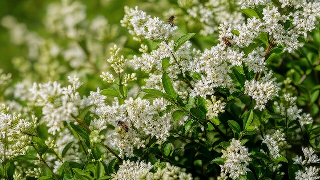 privet. Dense privet shrub blooming with tiny white flowers, bees collecting nectar. gardening catalogs, home-decor guides, designed for gardening and botanical catalogs, enhances decor appeal.