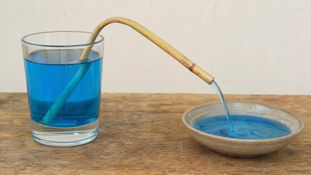 siphon. Hollow reed demonstrating siphon principle with water flowing through. STEM education sheets, lab safety posters, designed for STEM education and laboratory safety posters.
