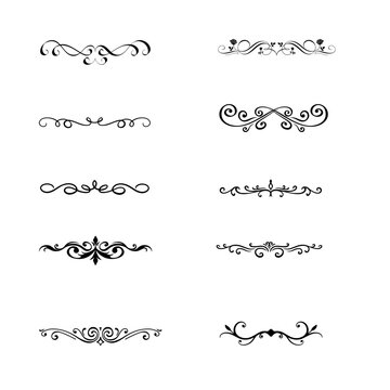 Classic flourish page borders vector. Calligraphy chapter break text dividers, filigree design accents.