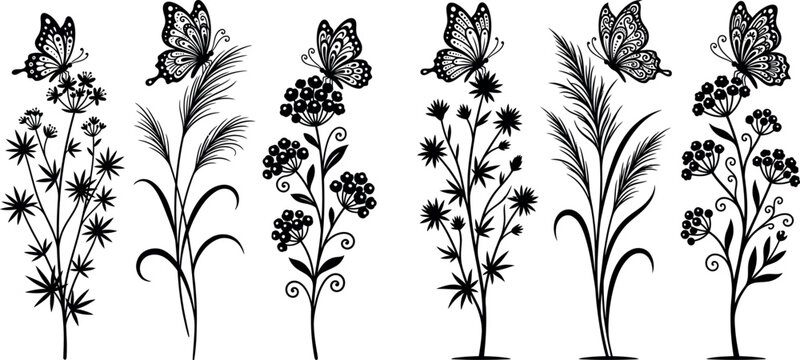 Set of black and white butterfly and wildflower floral illustrations with butterfly, botanical