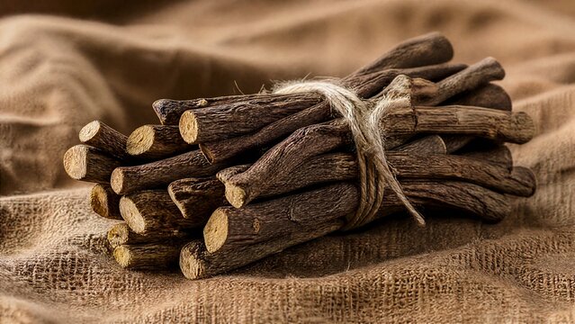 longitudinal. Bundle of dried licorice roots on burlap fabric, textural detail. gardening catalogs, home-decor guides, designed for gardening and botanical catalogs, used by art directors.