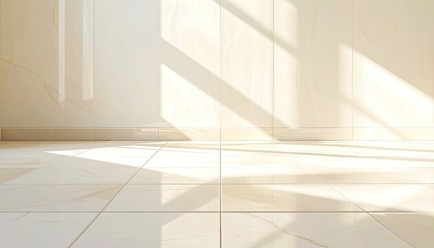 Sunlight streaming across a tiled floor and wall, creating geometric shadows.