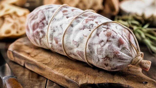 saucisson. Thick French saucisson on rustic board with white mold, tied with twine, artisanal feel. menu design, packaging mockups, designed for food delivery and cloud-kitchen brand materials.
