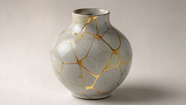 bennington. Shattered ceramic vase repaired with golden lacquer, kintsugi art on simple background. event programs, museum guides, designed for cultural heritage projects and event programs.