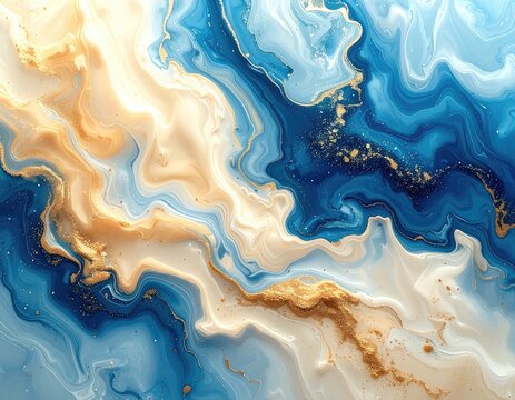 Abstract fluid art with swirling blue, white, and gold.
